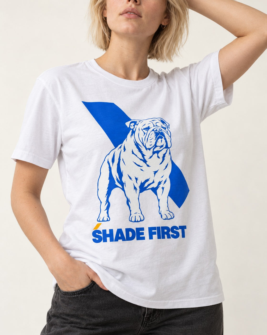 Shade First English Bulldog T-Shirt in White, worn by a model, front view