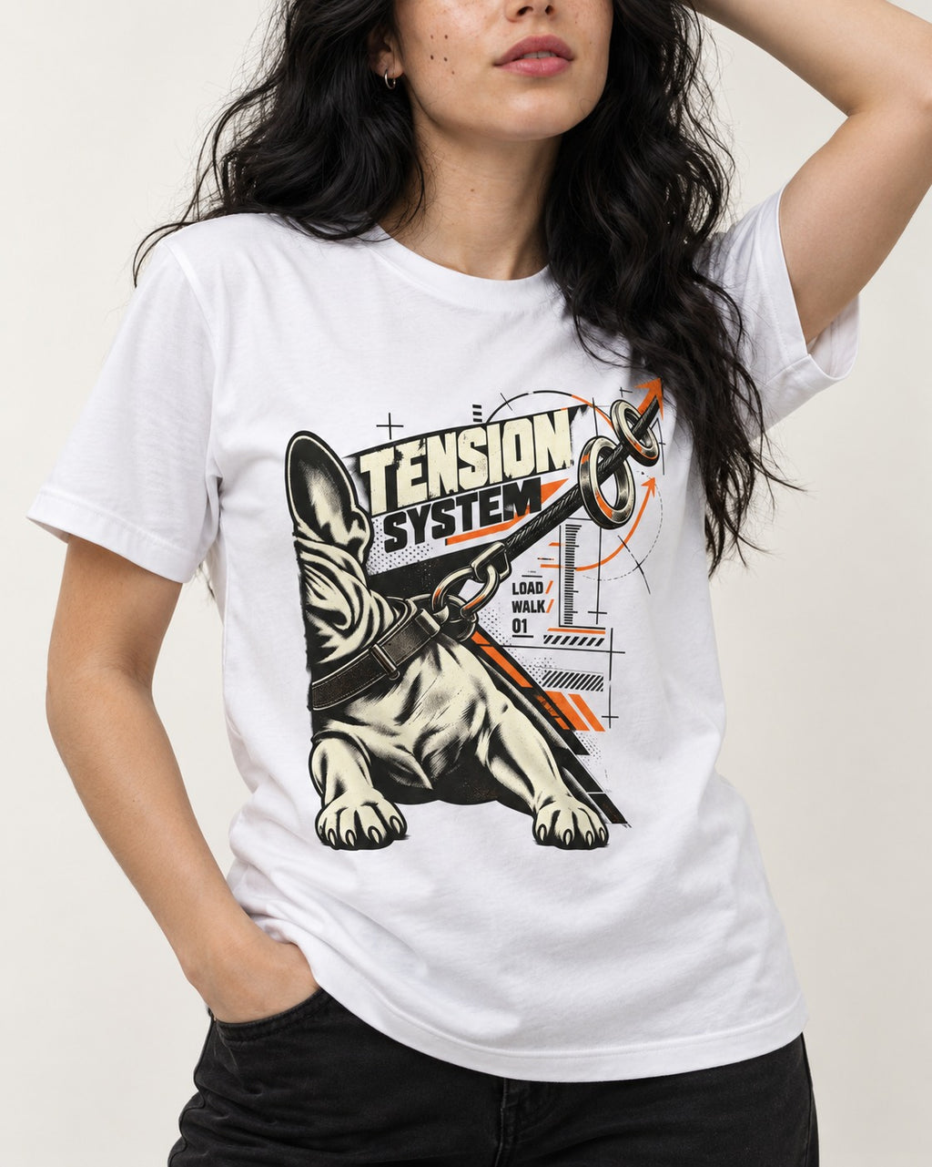 Frenchie Tension System T-Shirt in White, worn by a model, front view