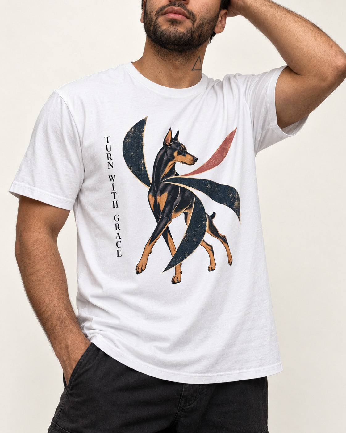 Turn with Doberman Grace T-Shirt in White, worn by a model, front view
