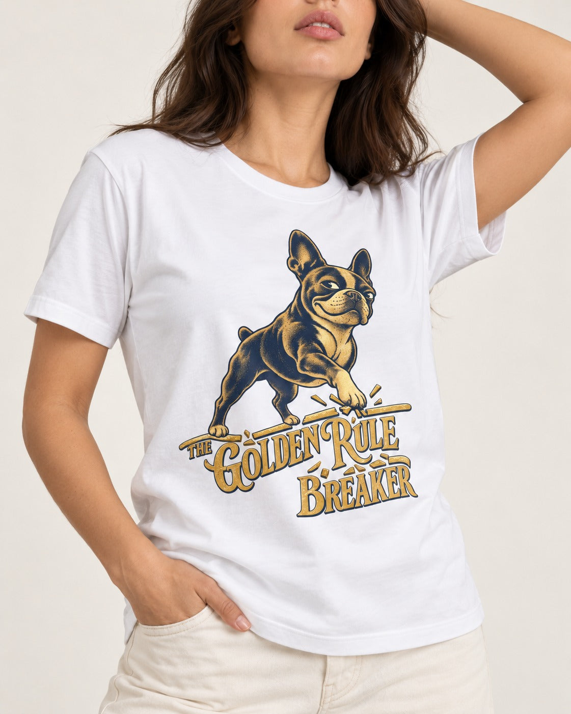 Boston Terrier Golden Rule Breaker T-Shirt in White, worn by a model, front view