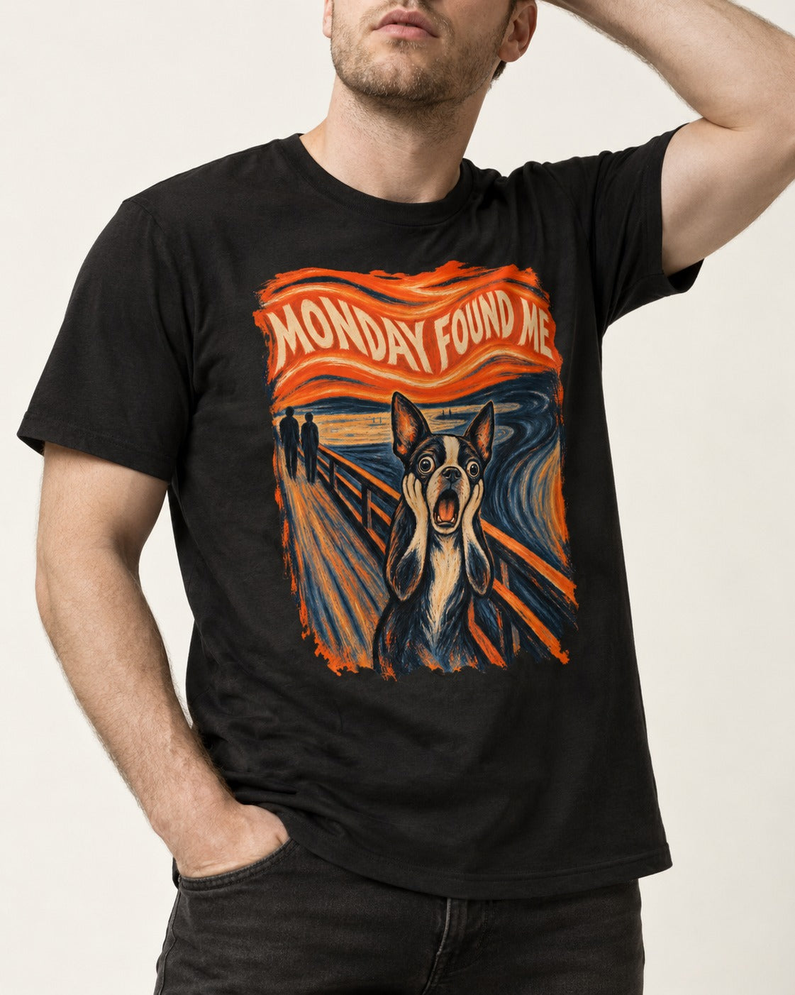 Monday Found Me Boston Terrier Scream Graphic T-Shirt in Black, worn by a model, front view