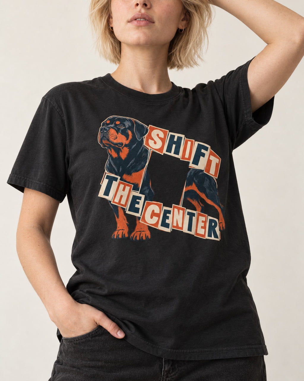 Rottweiler Shift the Center Cutout Letter Graphic T-Shirt in Black, worn by a model, front view