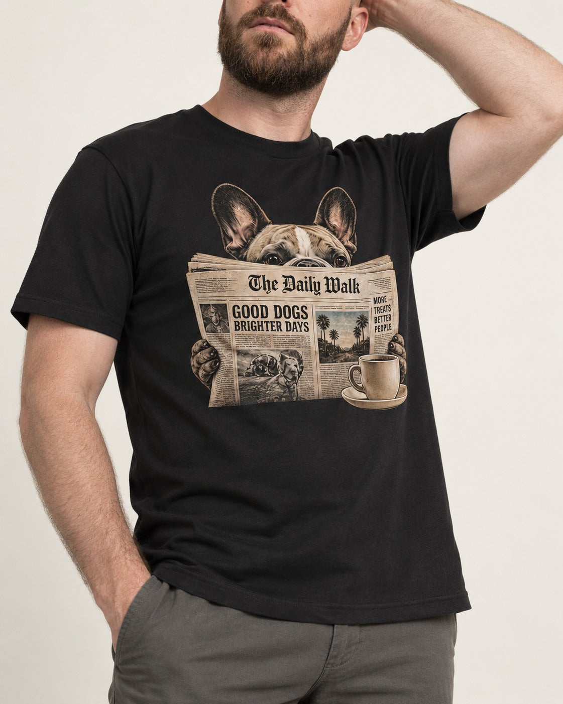 Frenchie Good Dogs Brighter Days Newspaper Graphic T-Shirt in Black, worn by a model, front view