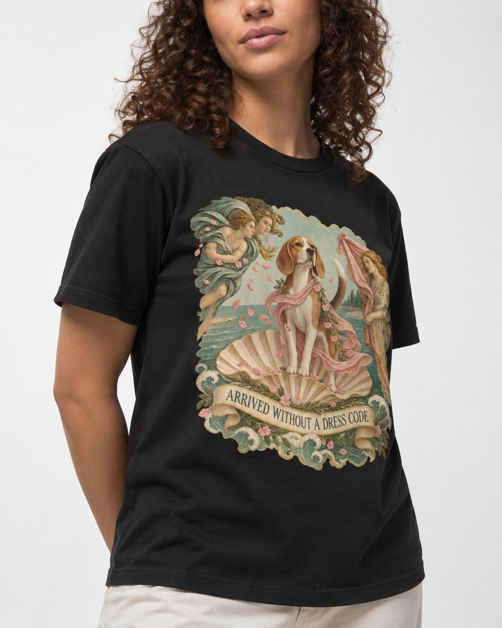 Beagle Arrived Without A Dress Code T-Shirt in Black, worn by a model, front view