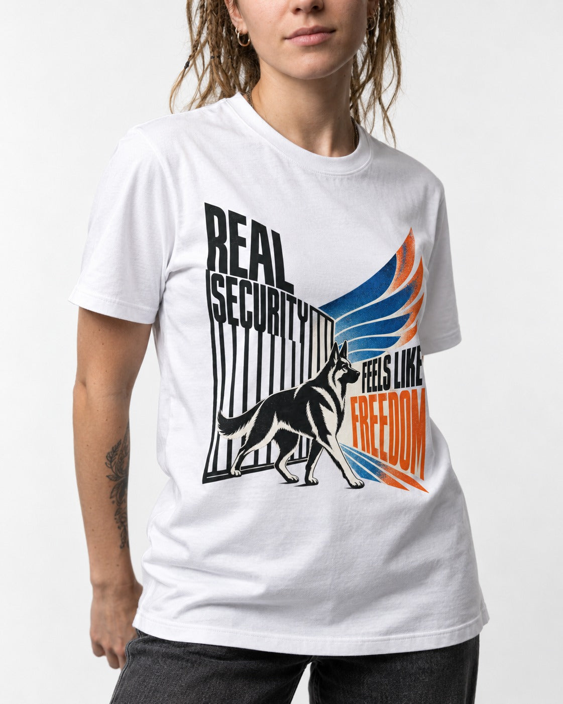 German Shepherd Dog Feels Like Freedom T-Shirt in White, worn by a model, front view