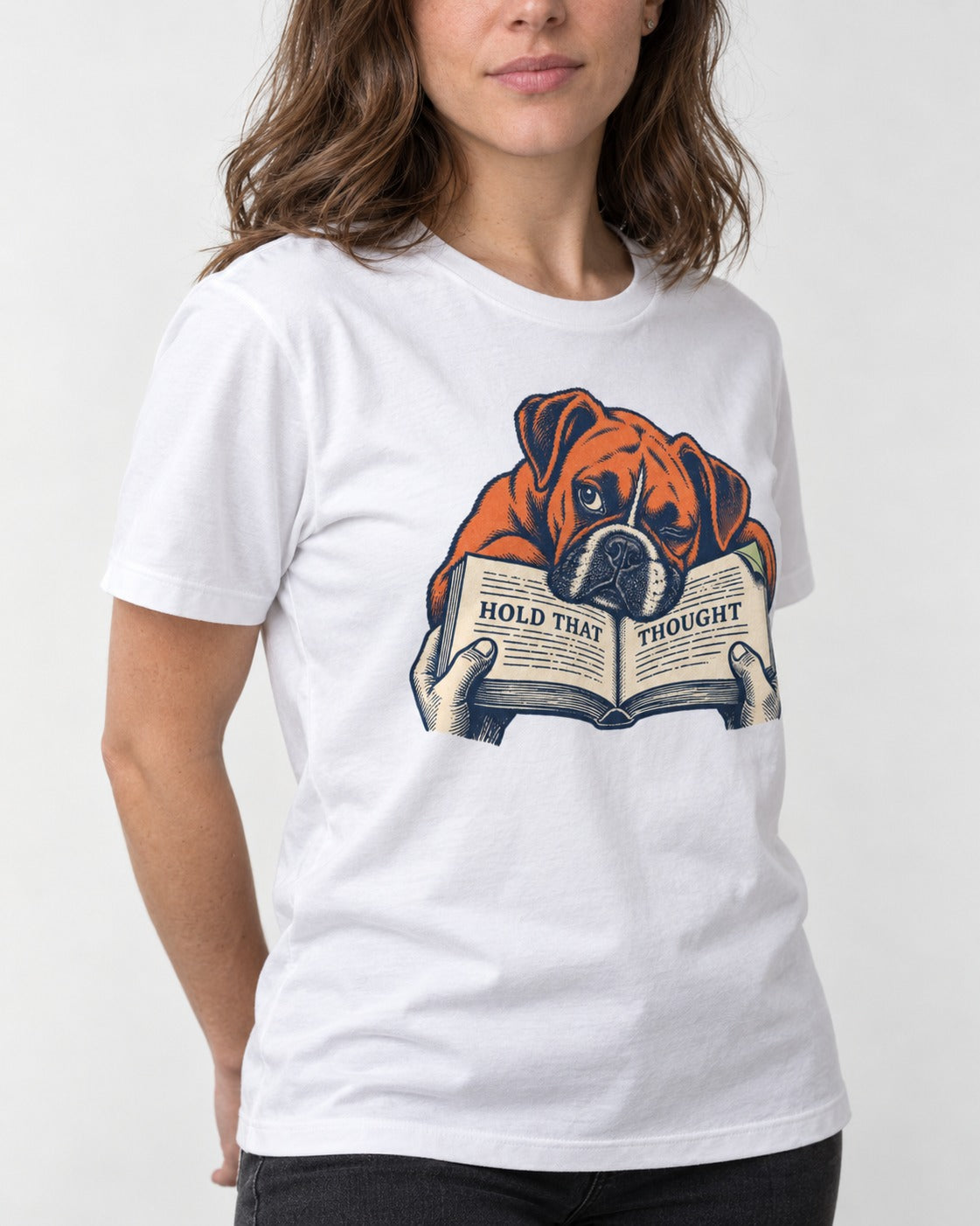 Boxer Hold That Thought T-Shirt in White, worn by a model, front view