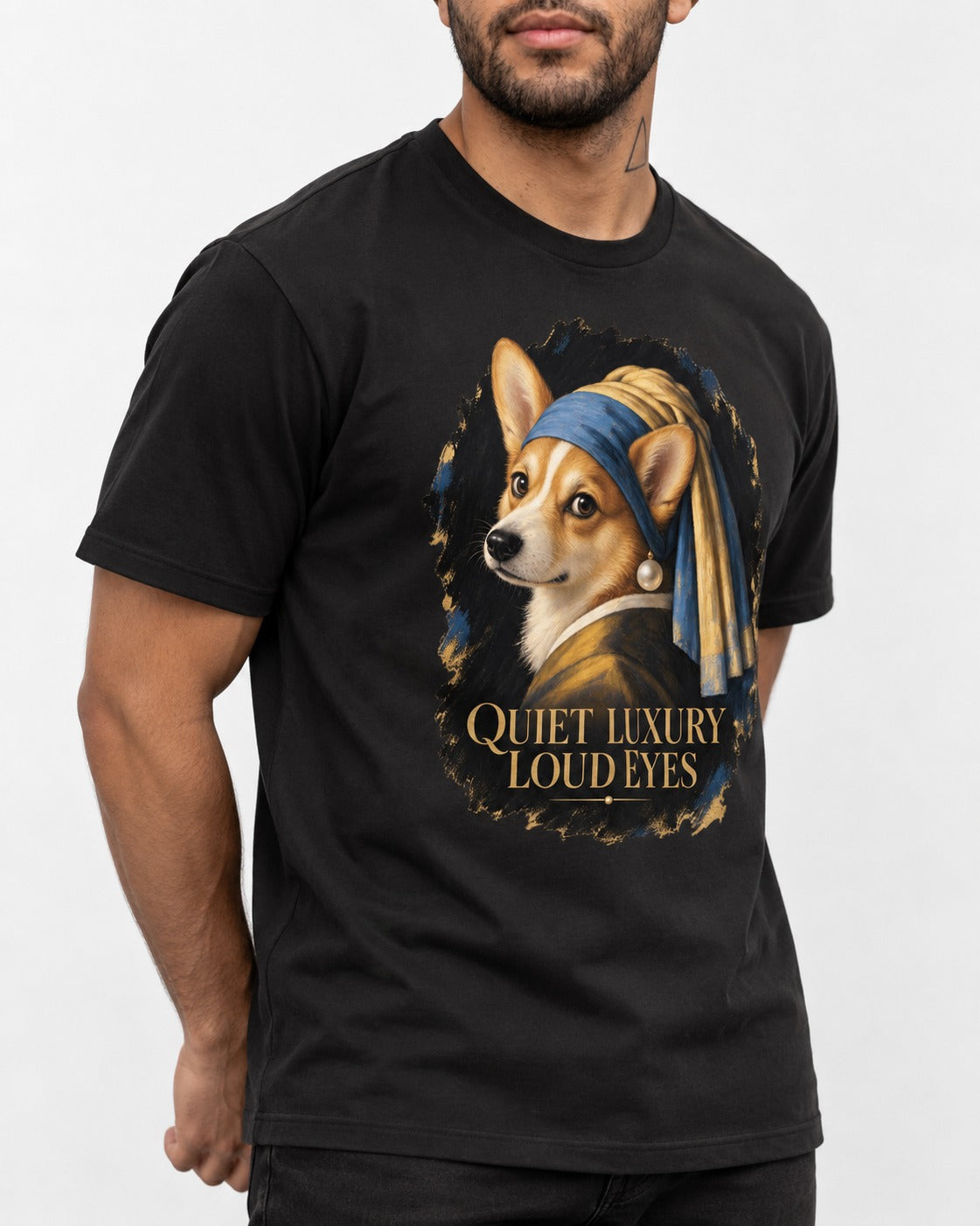 Corgi Quiet Luxury Loud Eyes Pearl Earring Portrait T-Shirt in Black, worn by a model, front view