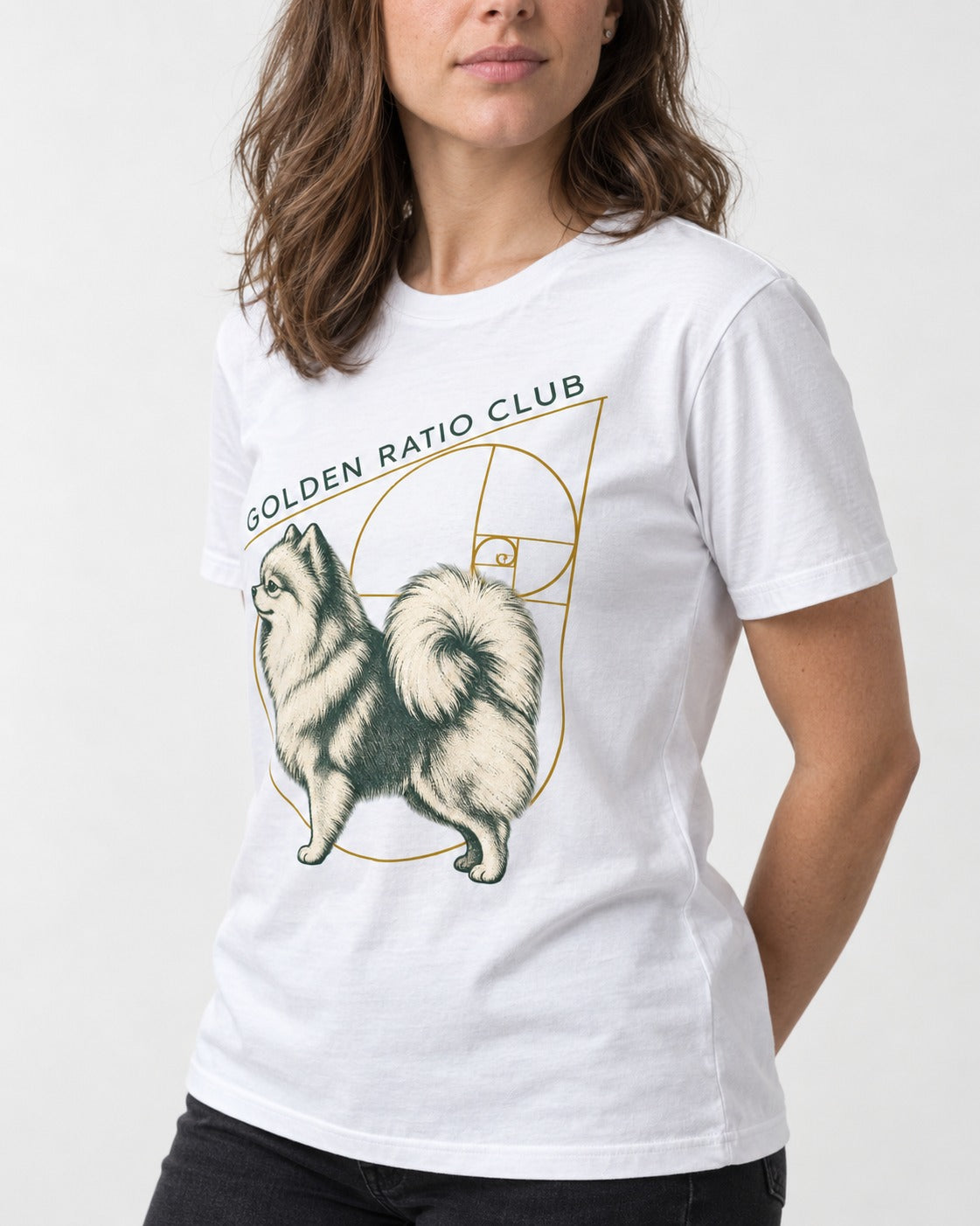 Pomeranian Golden Ratio Club T-Shirt in White, worn by a model, front view