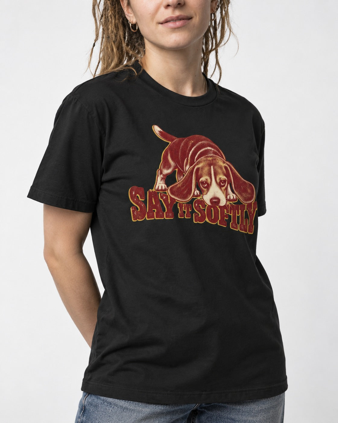 Beagle Say It Softly T-Shirt in Black, worn by a model, front view