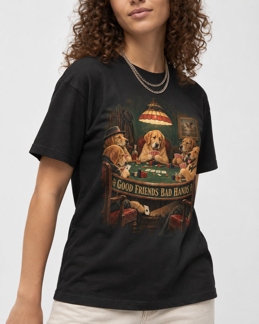 Good Friends Bad Hands Poker Golden Retriever Graphic T-Shirt in Black, worn by a model, front view
