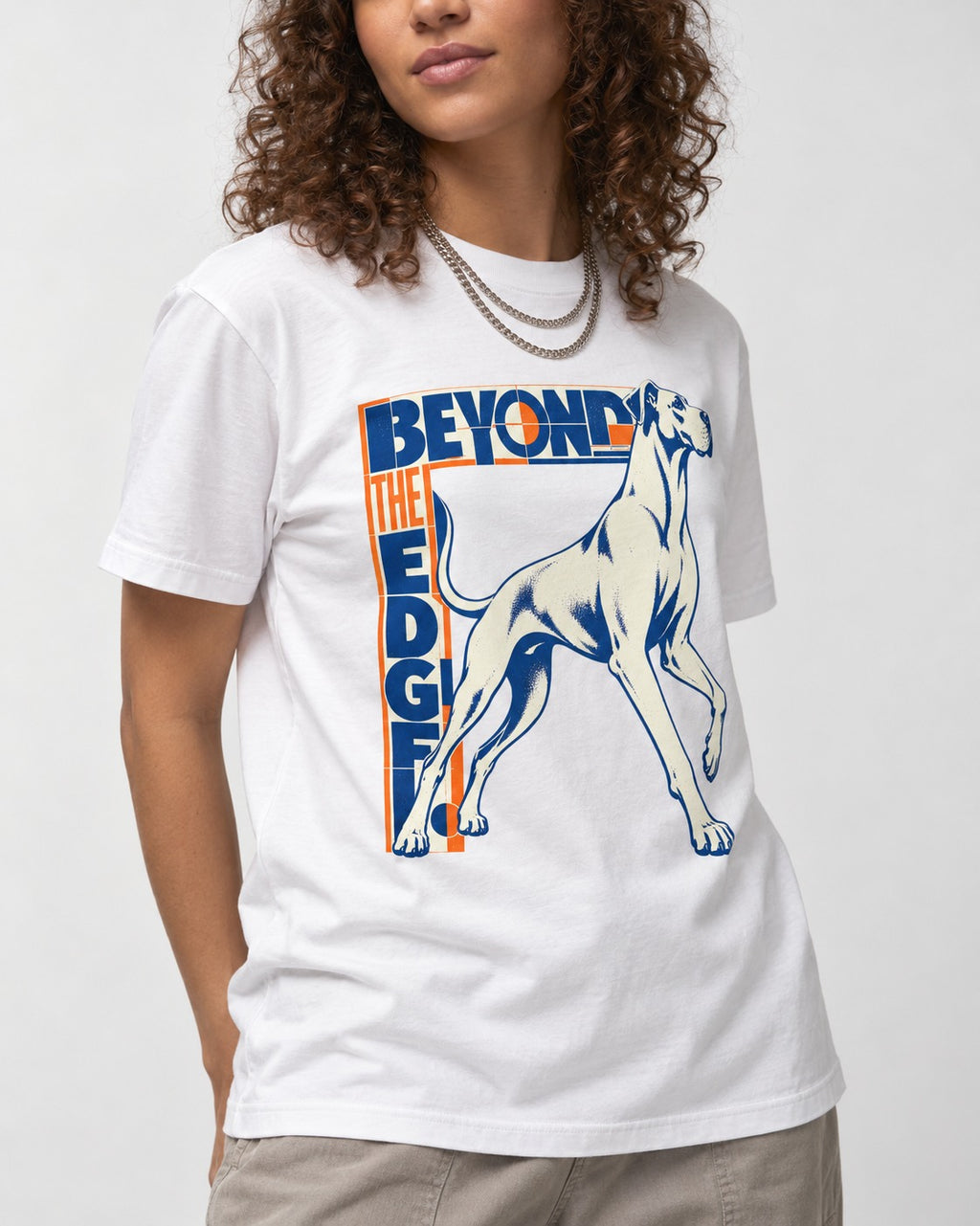 Great Dane Beyond the Edge T-Shirt in White, worn by a model, front view