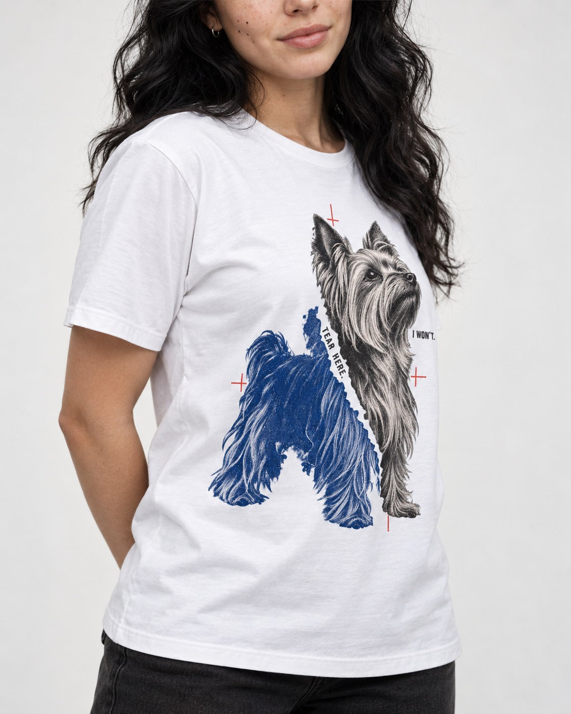 Yorkshire Terrier I Won't Tear Here T-Shirt in White, worn by a model, front view