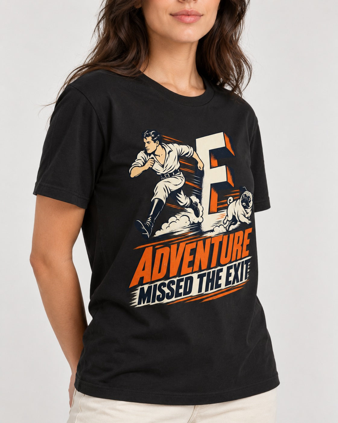 Pug Adventure Missed the Exit Running Graphic T-Shirt in Black, worn by a model, front view