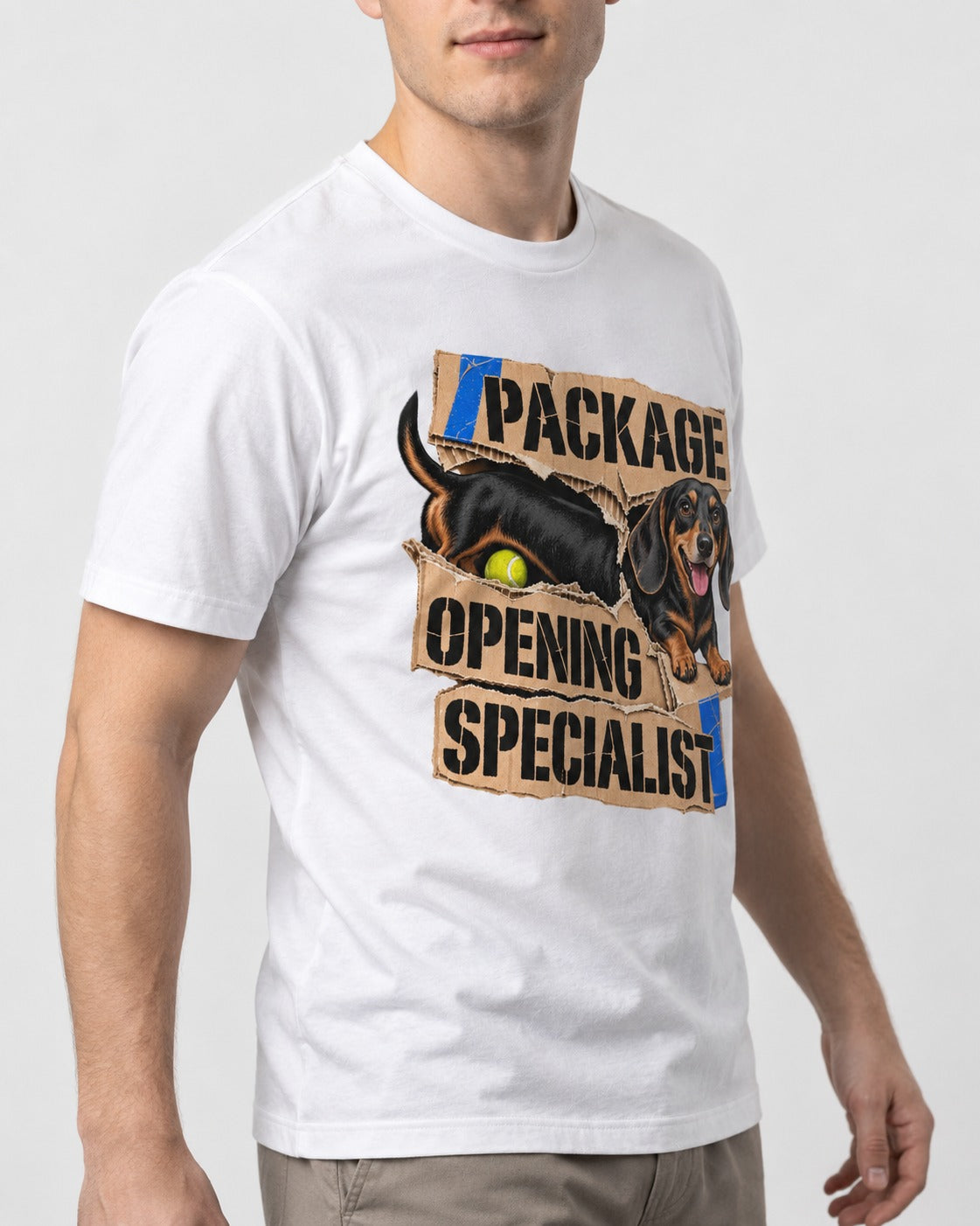 Dachshund Package Opening Specialist T-Shirt in White, worn by a model, front view