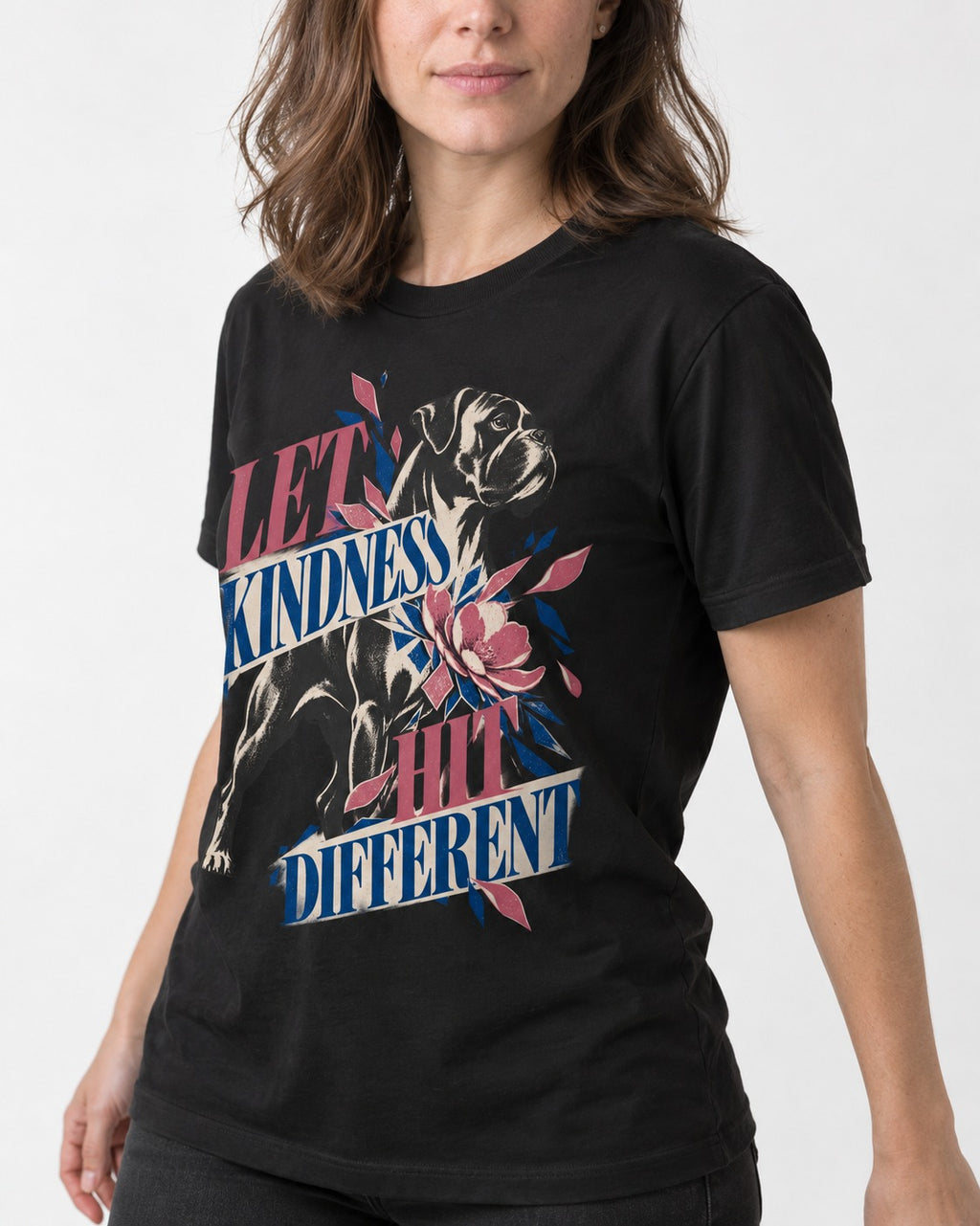 Let Kindness Hit Different Boxer Floral Collage T-Shirt in Black, worn by a model, front view