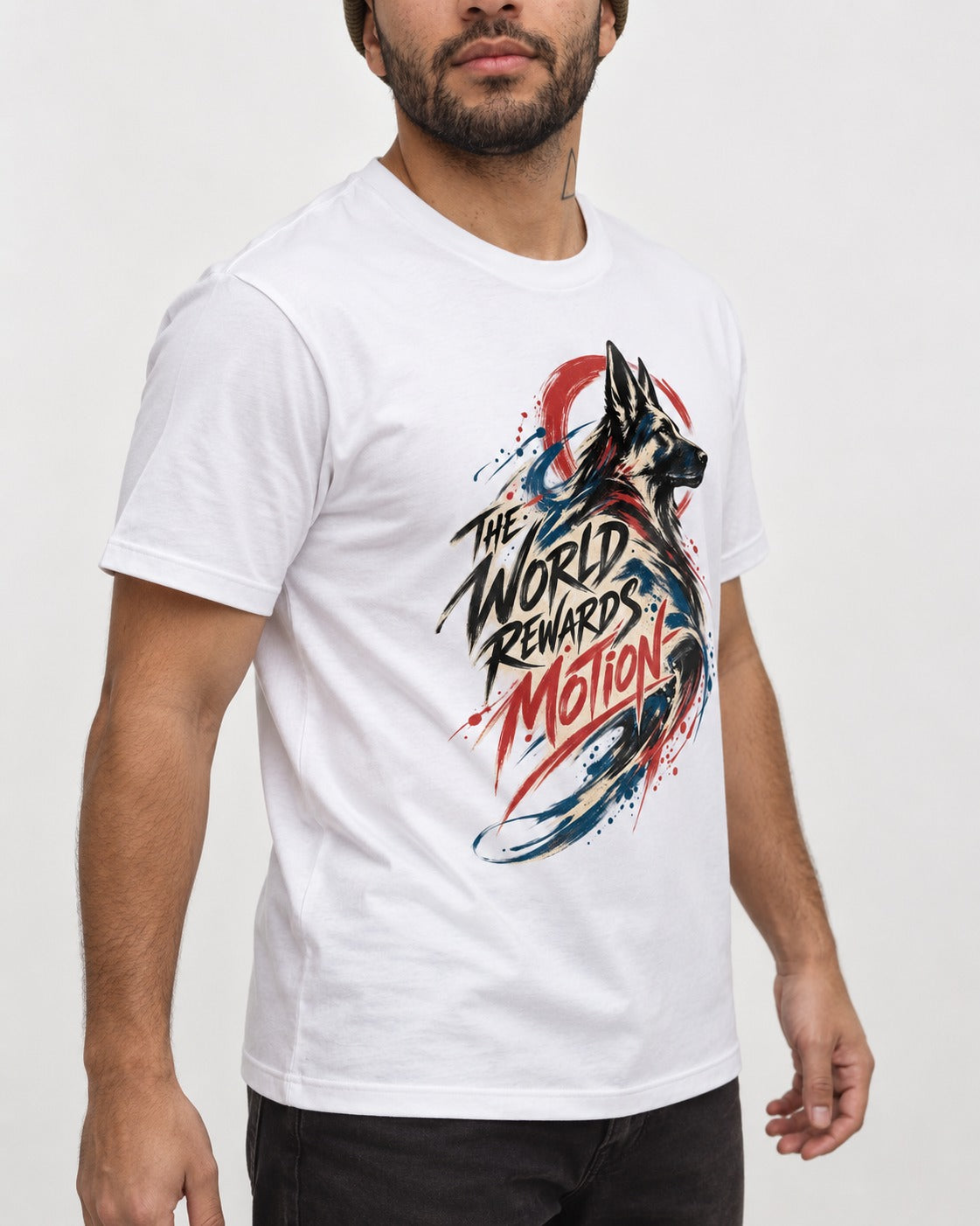 German Shepherd Dog The World Rewards Motion T-Shirt in White, worn by a model, front view