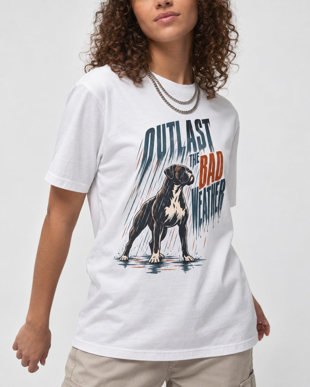 Boxer Outlast the Bad Weather T-Shirt in White, worn by a model, front view