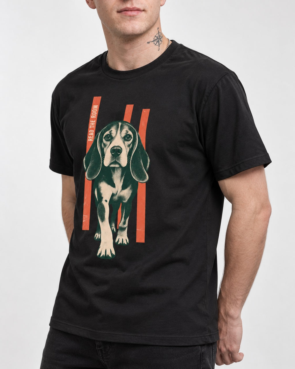 Beagle Before The Move Walking Portrait T-Shirt in Black, worn by a model, front view