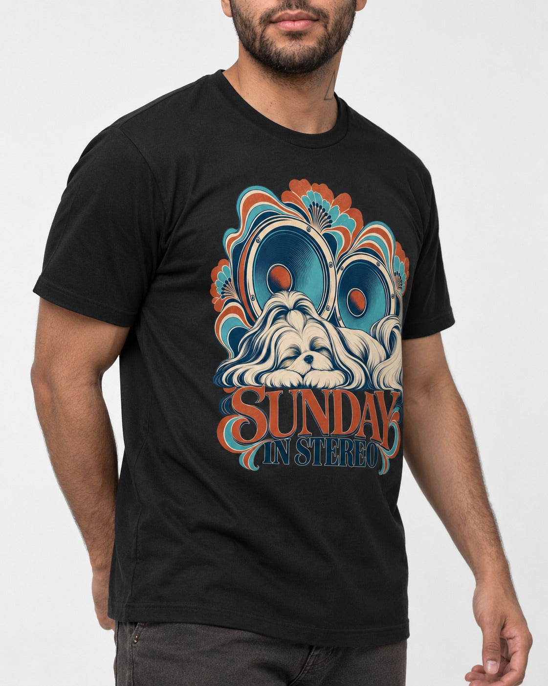 Shih Tzu Sunday in Stereo Retro Speaker Graphic T-Shirt in Black, worn by a model, front view