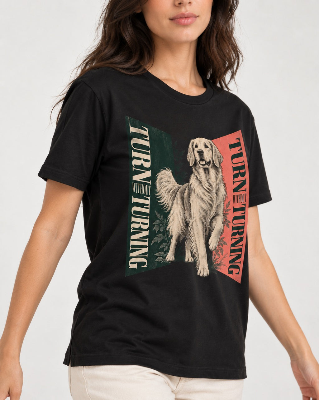 Golden Retriever Turn Without Turning Gateway Graphic T-Shirt in Black, worn by a model, front view