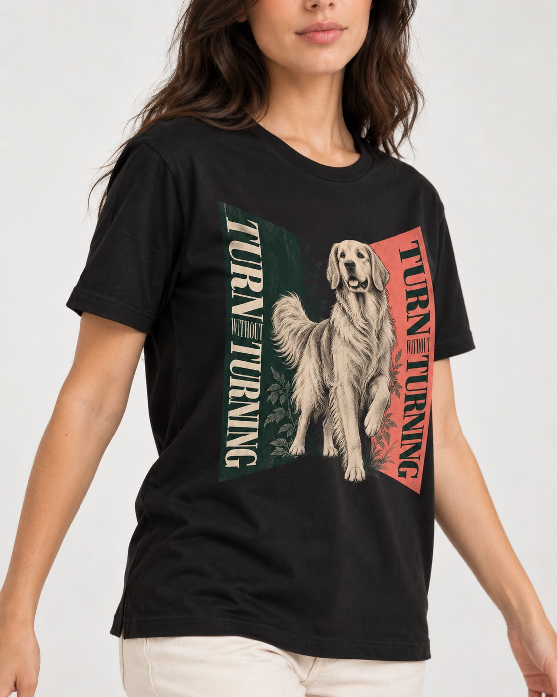 Golden Retriever Turn Without Turning Gateway Graphic T-Shirt in Black, worn by a model, front view
