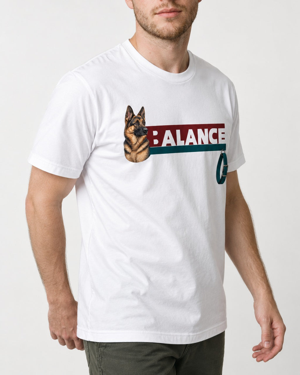 German Shepherd Dog Balance T-Shirt in White, worn by a model, front view