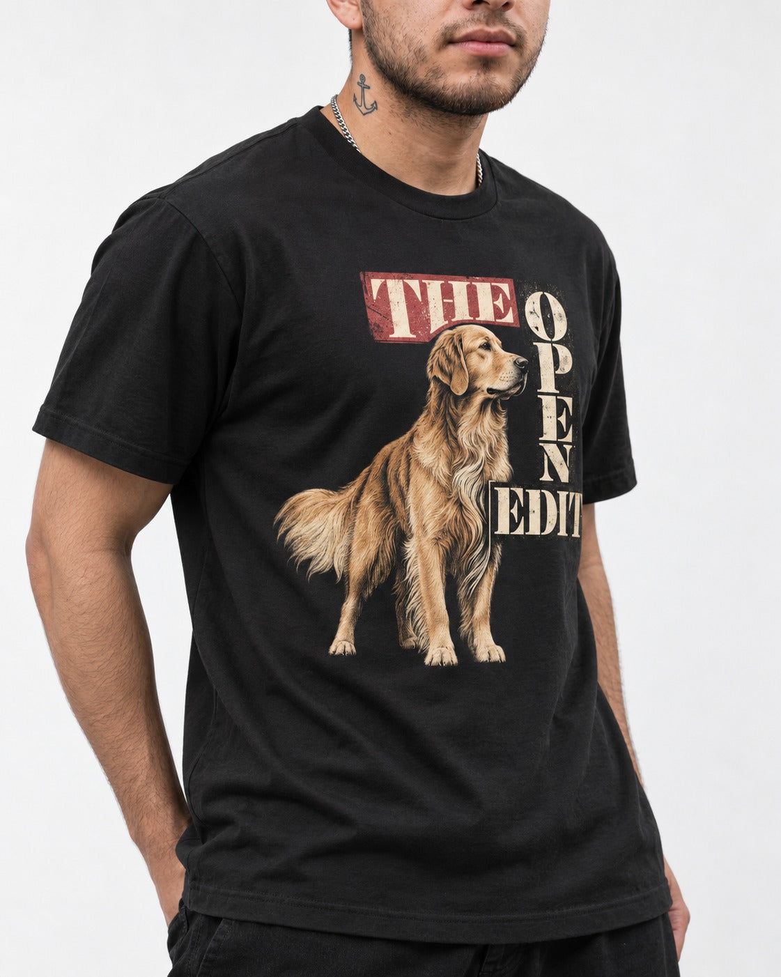 Golden Retriever The Open Edit Typography Portrait Graphic T-Shirt in Black, worn by a model, front view