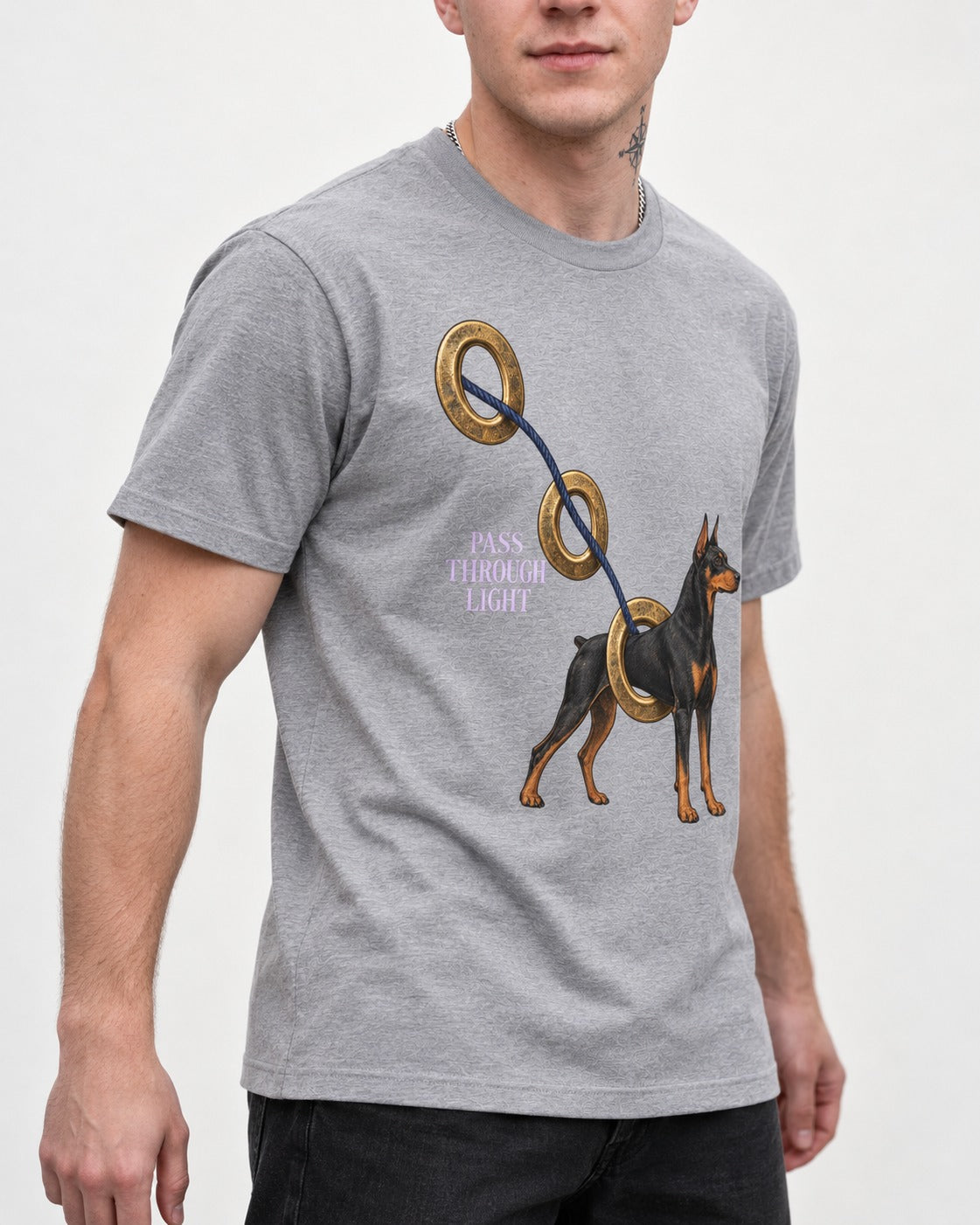 Doberman Pass Through Light Ring Graphic T-Shirt in Sport Grey, worn by a model, front view