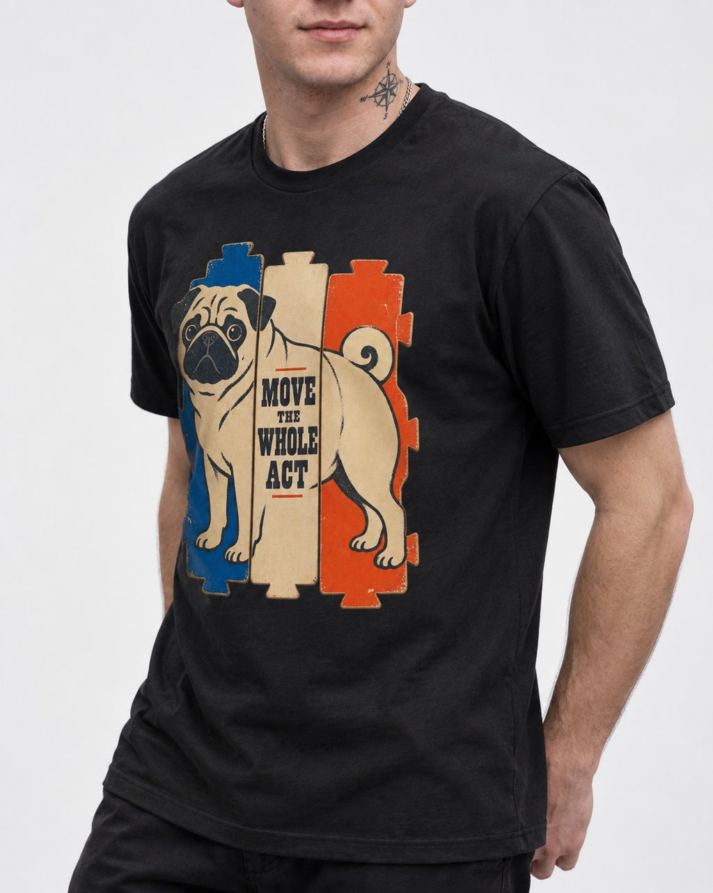 Pug Move the Whole Act Color Block Graphic T-Shirt in Black, worn by a model, front view