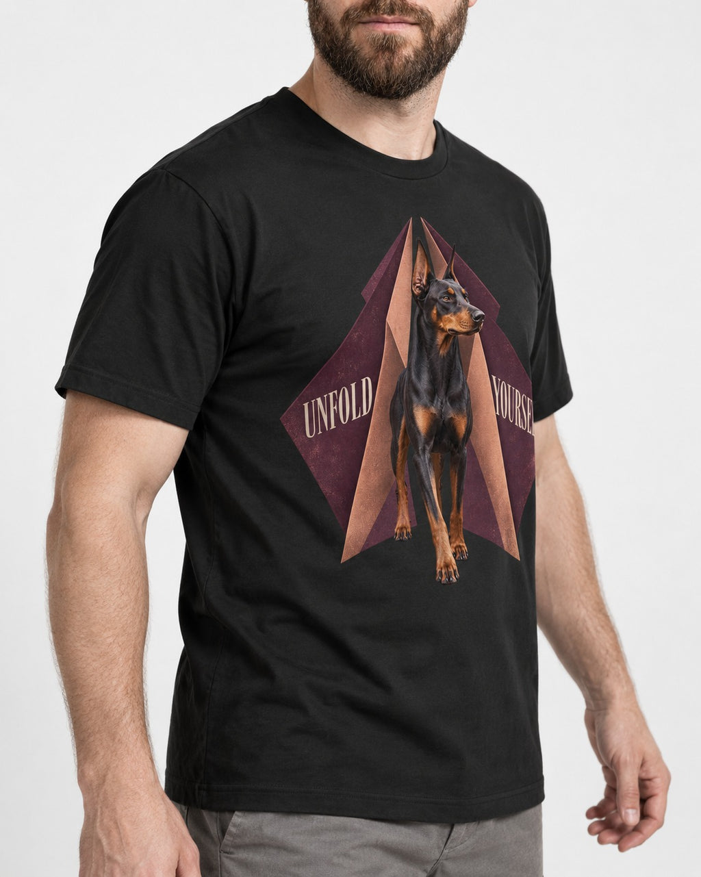 Doberman Unfold Yourself Geometric Portrait Graphic T-Shirt in Black, worn by a model, front view