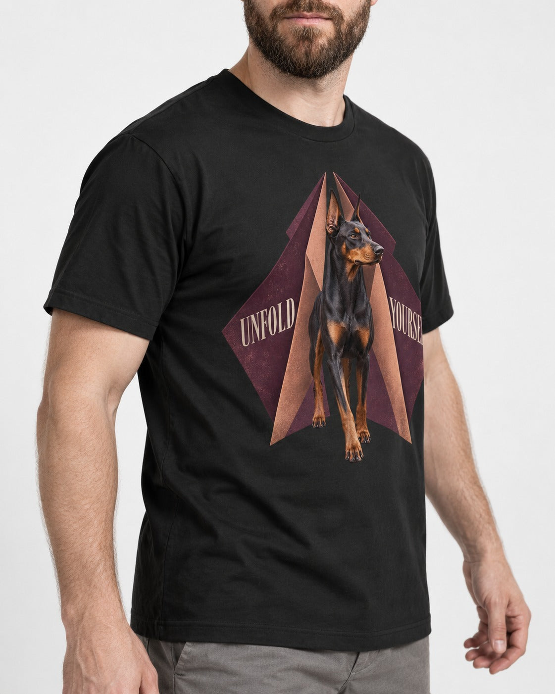 Doberman Unfold Yourself Geometric Portrait Graphic T-Shirt in Black, worn by a model, front view