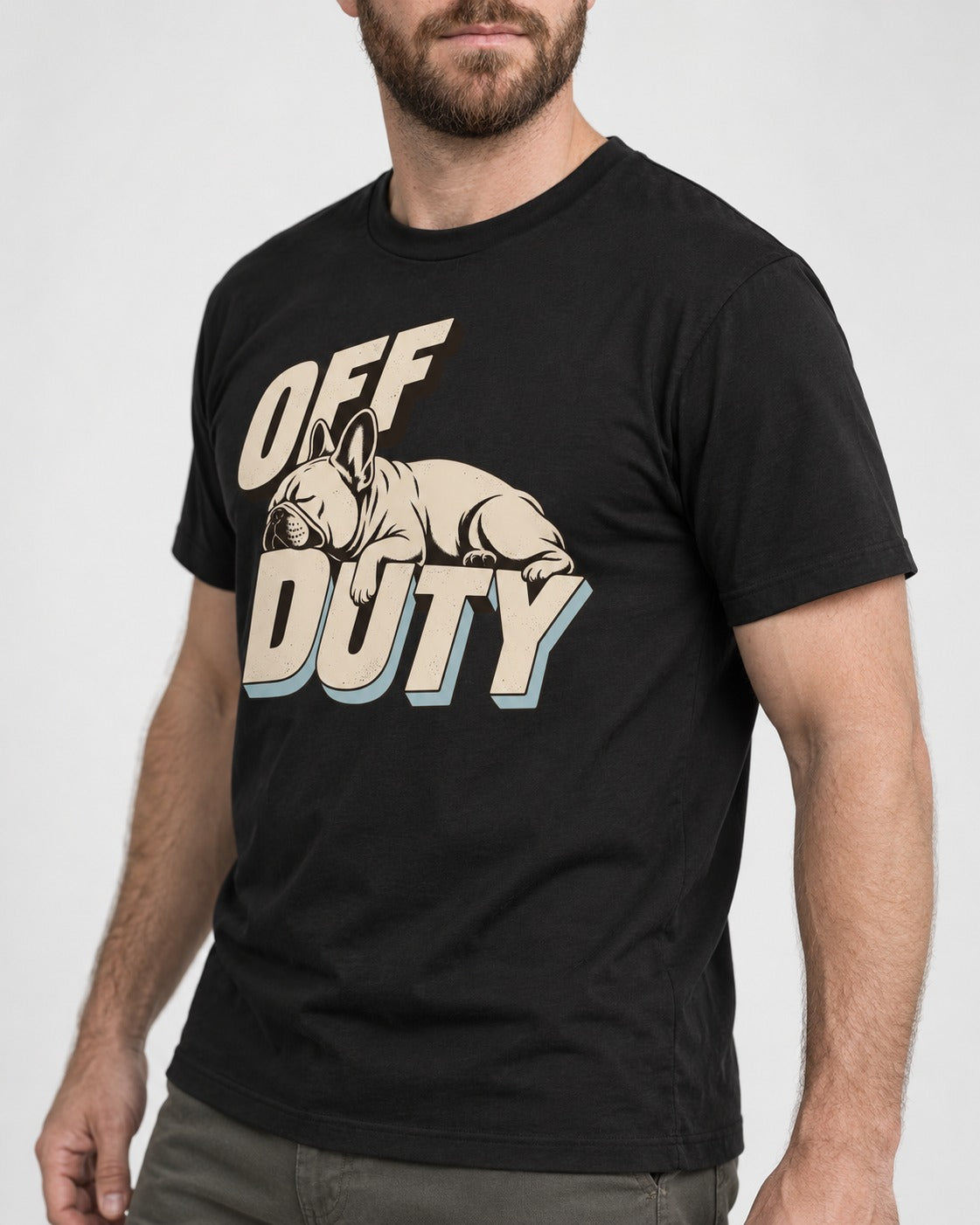 Frenchie Off Duty Sleeping Type Graphic T-Shirt in Black, worn by a model, front view