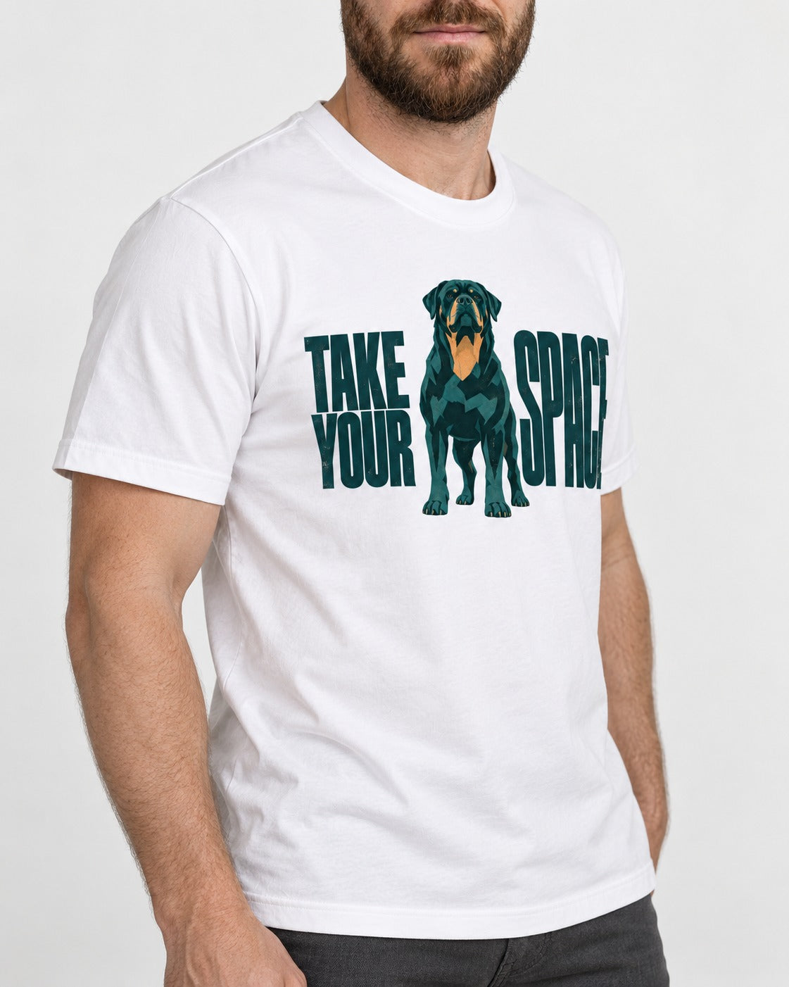 Rottweiler Take Your Space T-Shirt in White, worn by a model, front view