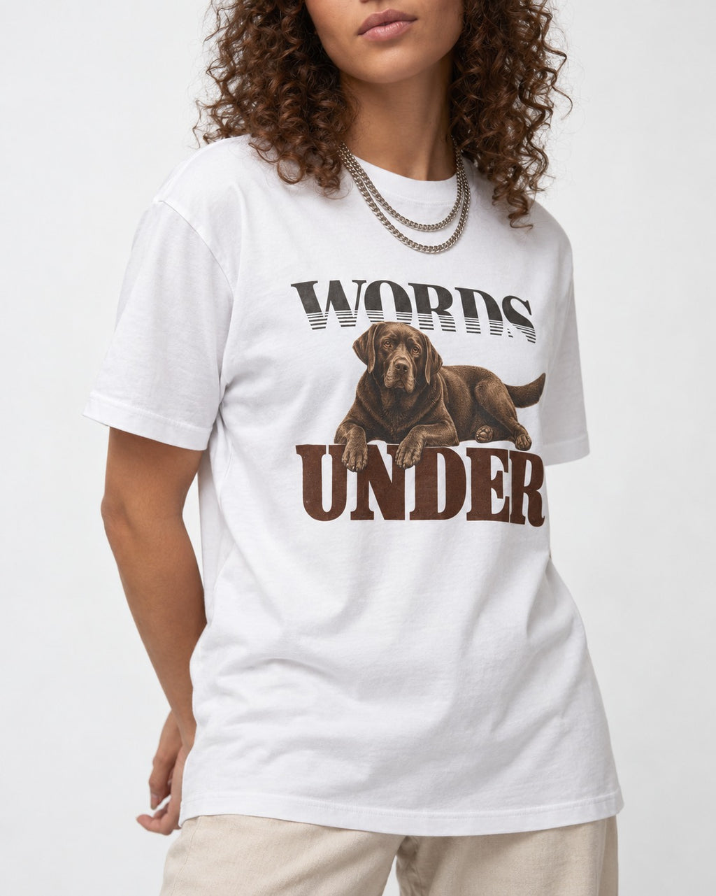 Words Under Labrador Retriever T-Shirt in White, worn by a model, front view