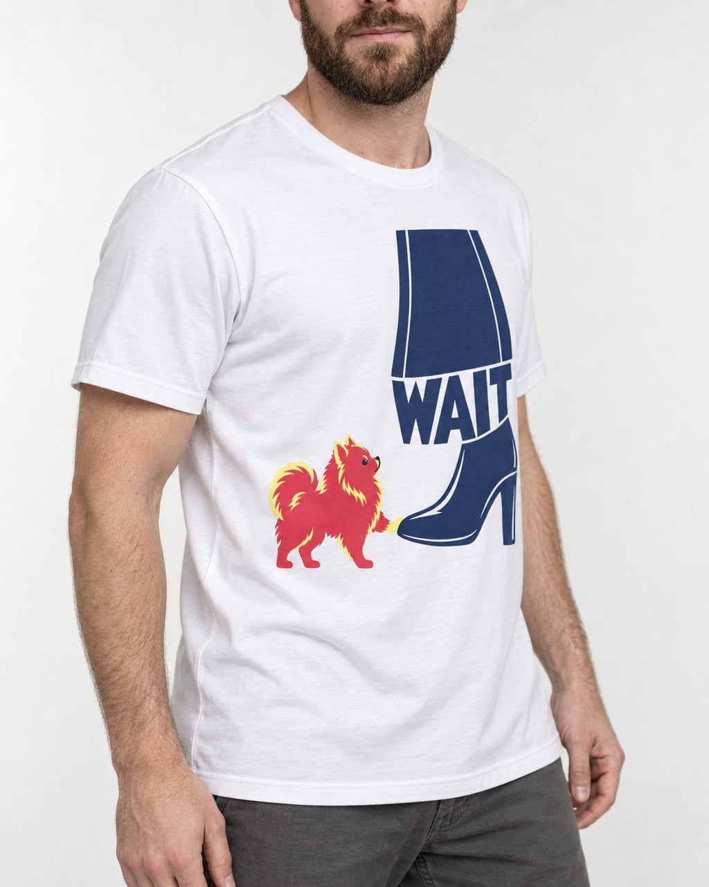 Pomeranian Says Wait T-Shirt in White, worn by a model, front view