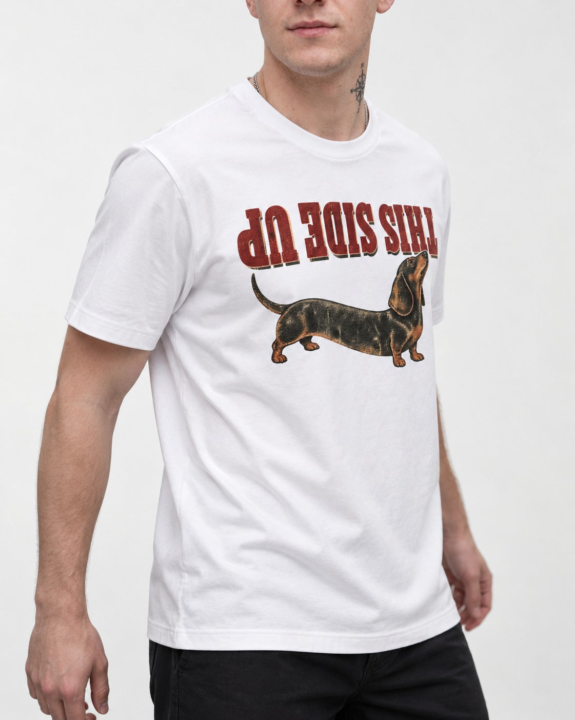 This Side Up Dachshund T-Shirt in White, worn by a model, front view