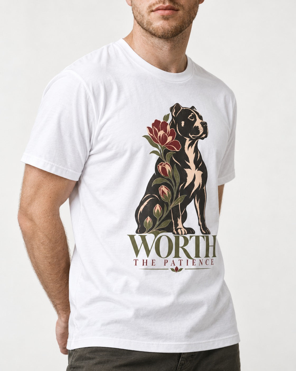 Pitbull Worth the Patience T-Shirt in White, worn by a model, front view