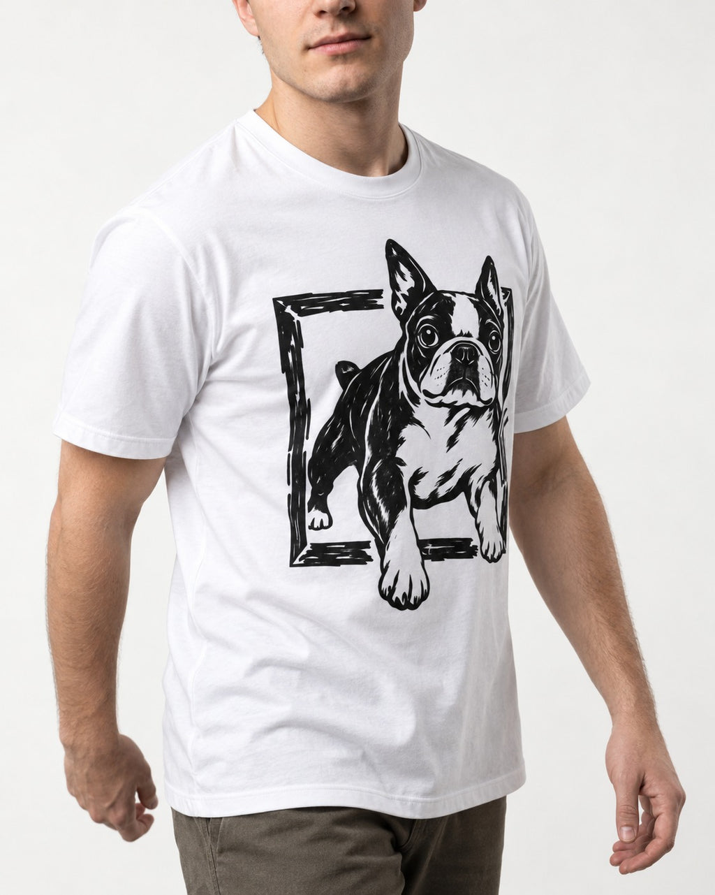 Boston Terrier Unstoppable T-Shirt in White, worn by a model, front view