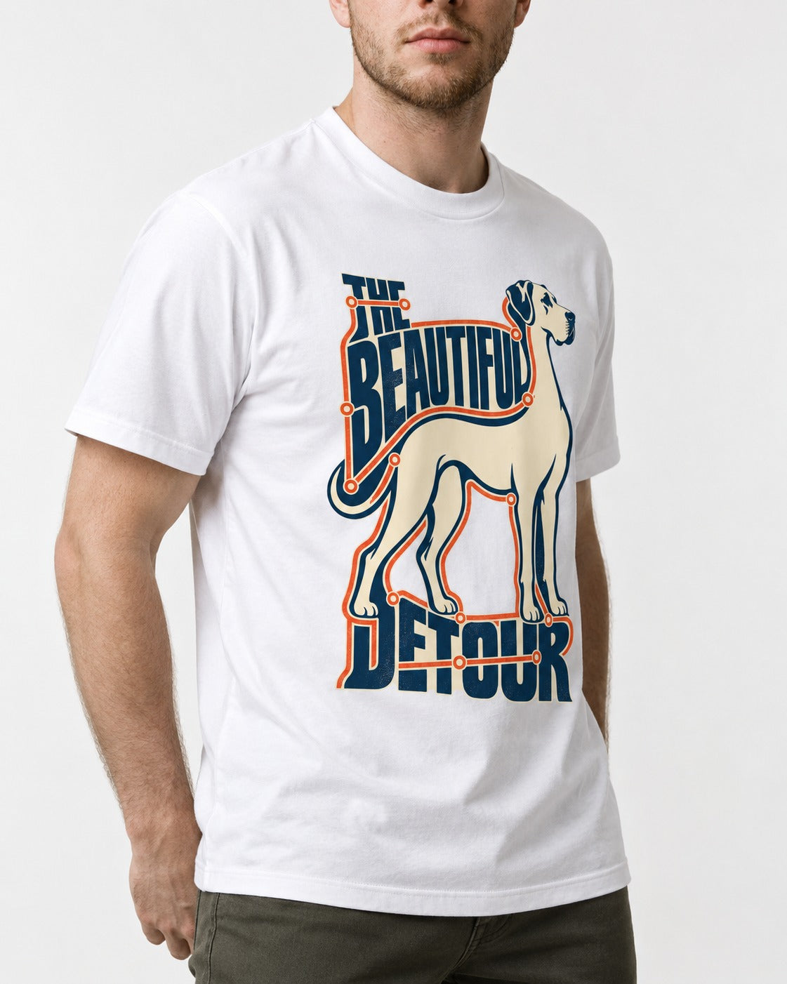 Great Dane's Beautiful Detour T-Shirt in White, worn by a model, front view