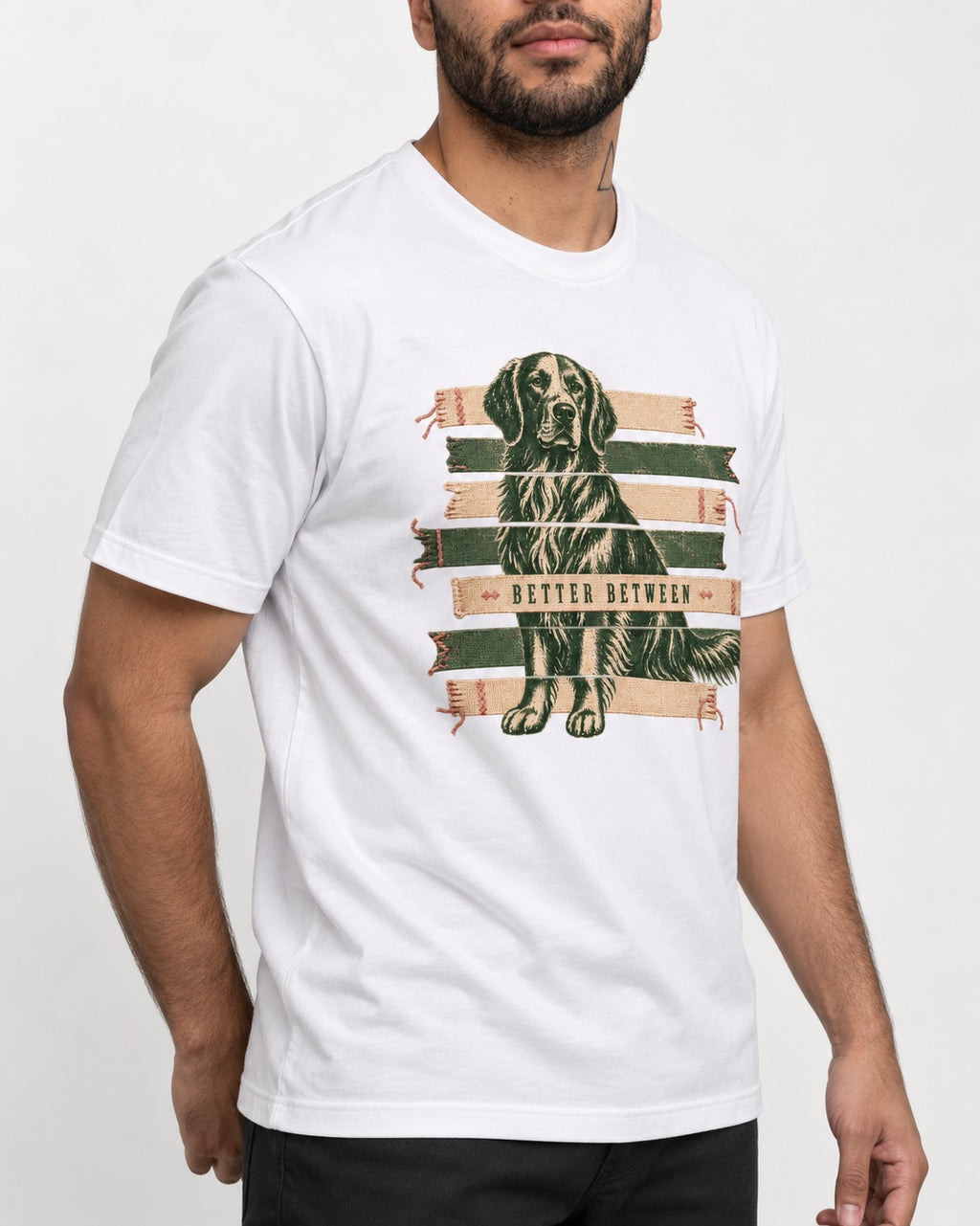 Golden Retriever Better Between T-Shirt in White, worn by a model, front view