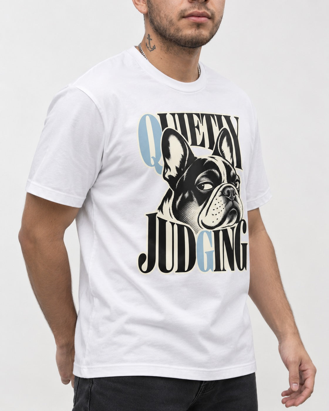 Quietly Judging Frenchie T-Shirt in White, worn by a model, front view