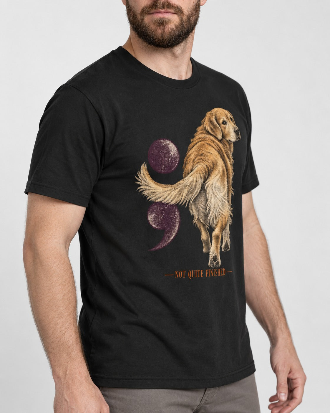 Golden Retriever Not Quite Finished Semicolon Graphic T-Shirt in Black, worn by a model, front view