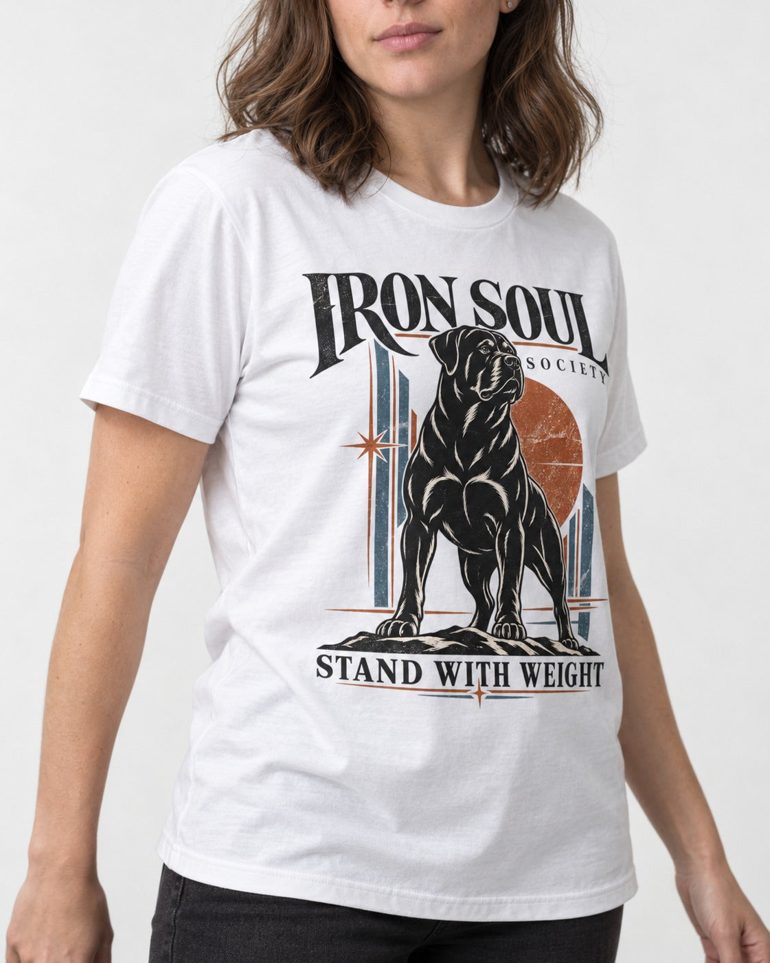 Rottweiler Iron Soul Society T-Shirt in White, worn by a model, front view