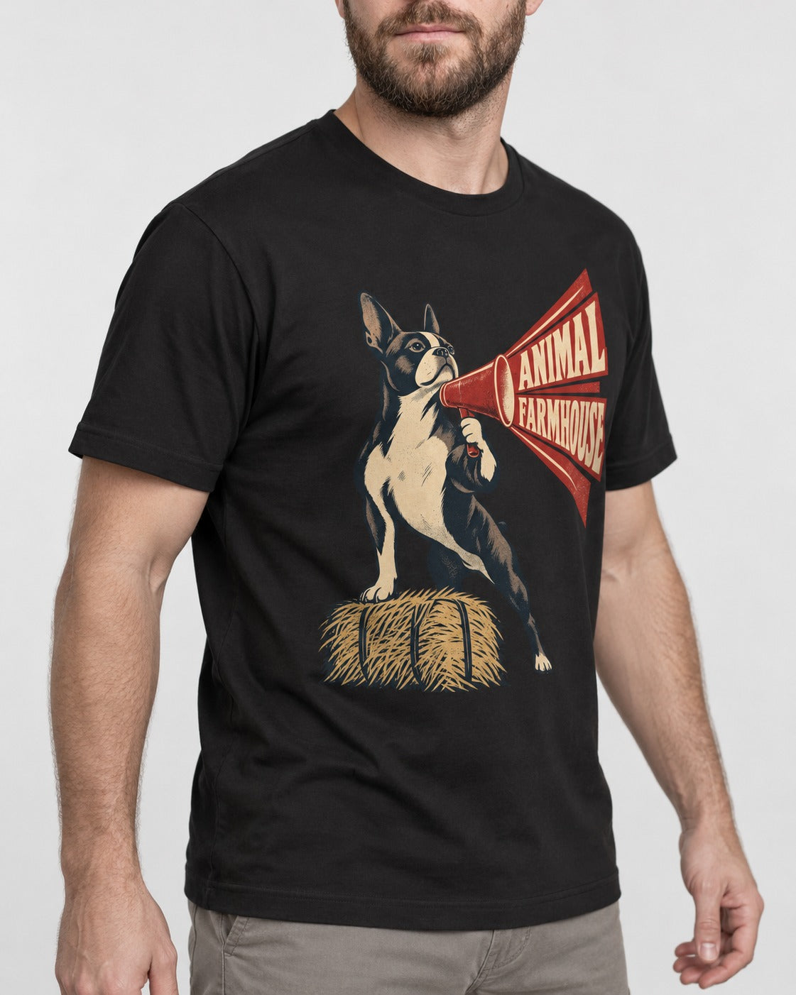 Animal Farmhouse Boston Terrier T-Shirt in Black, worn by a model, front view