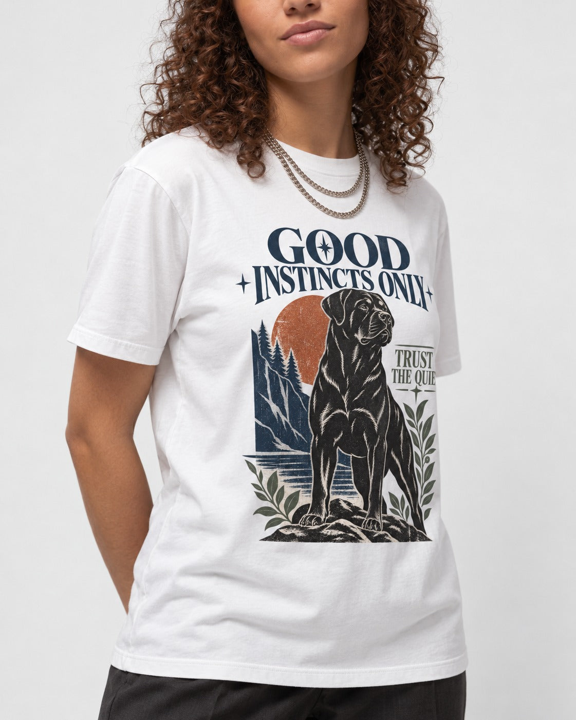 Good Instincts Only Rottweiler T-Shirt in White, worn by a model, front view