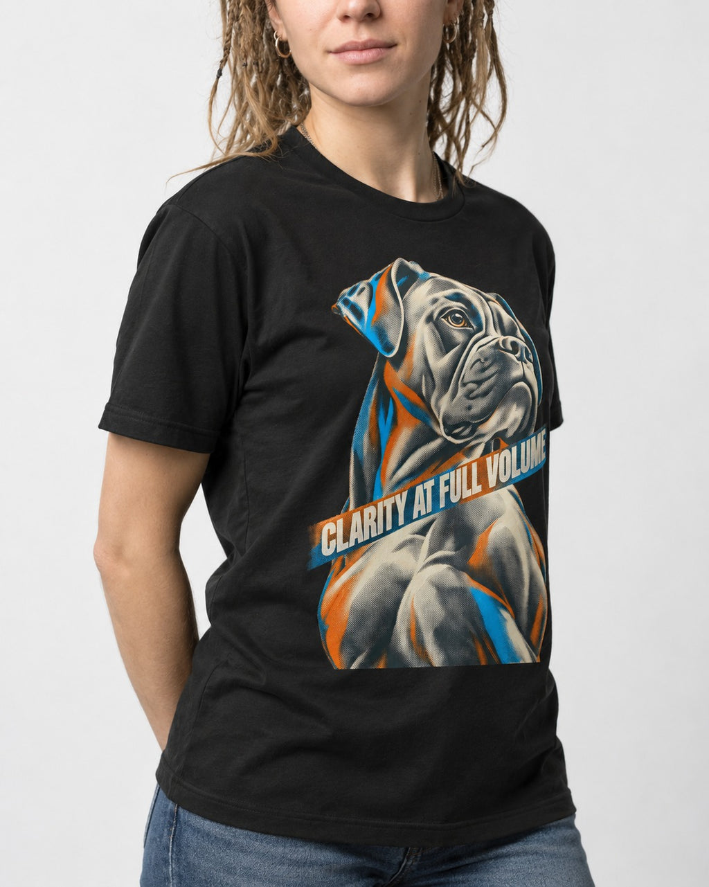 Clarity at Full Volume Boxer Portrait T-Shirt in Black, worn by a model, front view