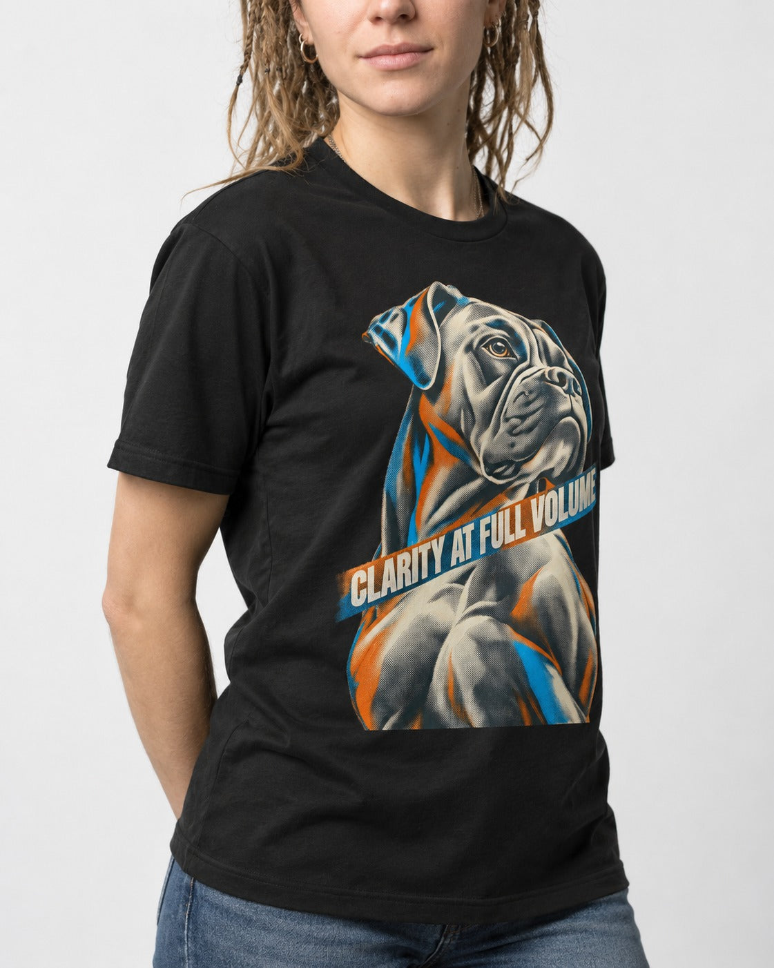 Clarity at Full Volume Boxer Portrait T-Shirt in Black, worn by a model, front view