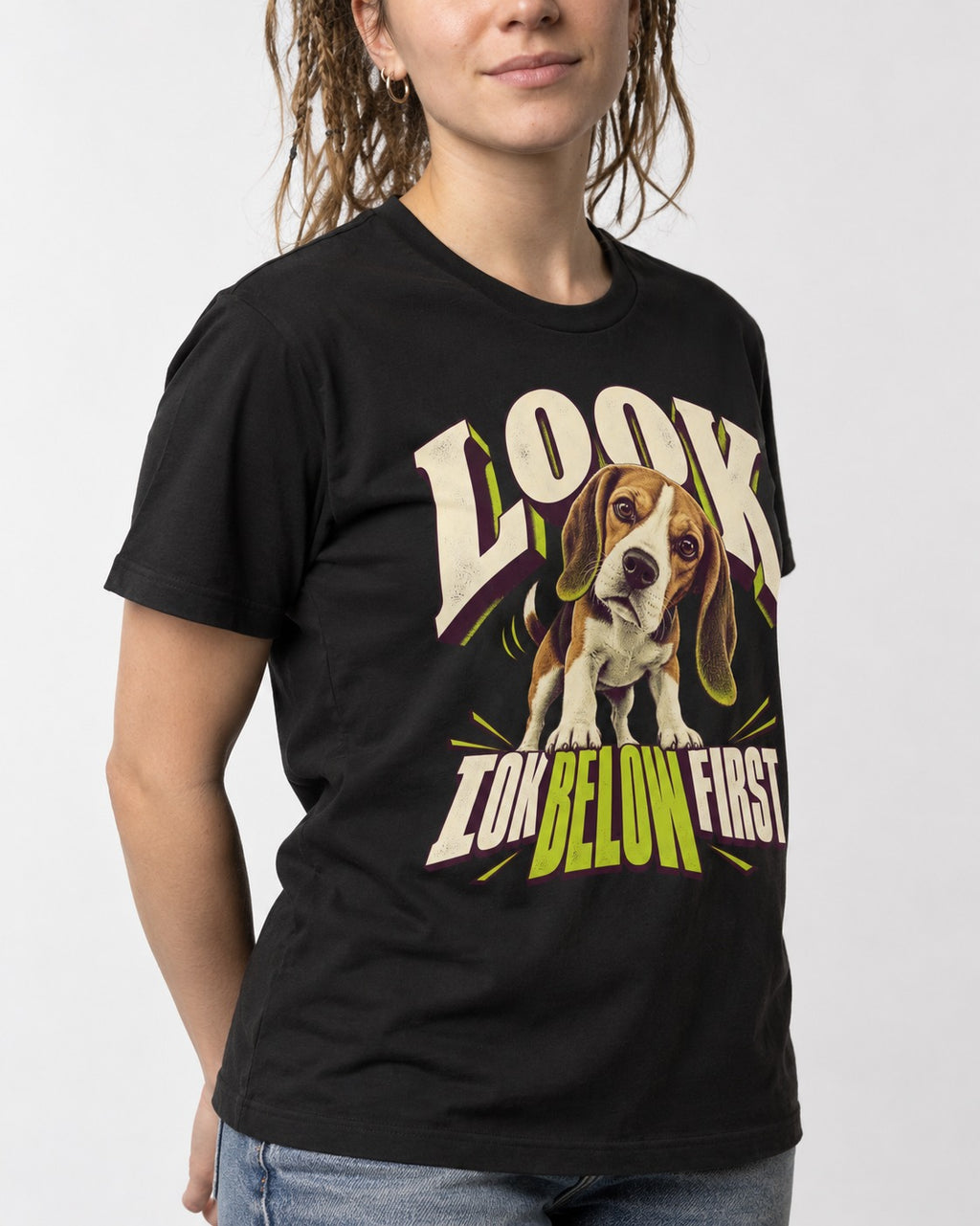 Beagle Look Low Below First T-Shirt in Black, worn by a model, front view
