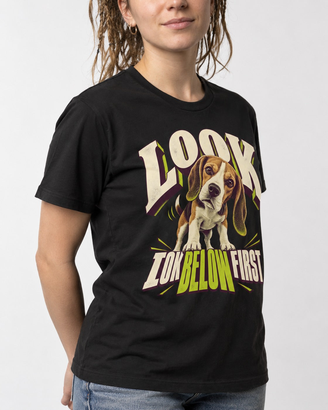 Beagle Look Low Below First T-Shirt in Black, worn by a model, front view