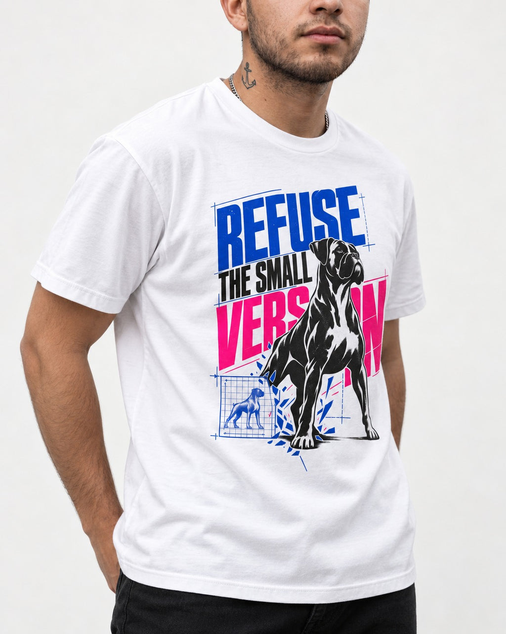 Boxer Refuse the Small Version T-Shirt in White, worn by a model, front view